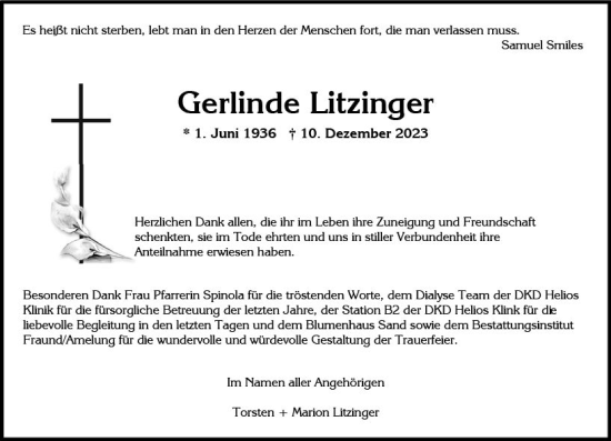 Traueranzeige von Gerlinde Litzinger von Wiesbadener Kurier