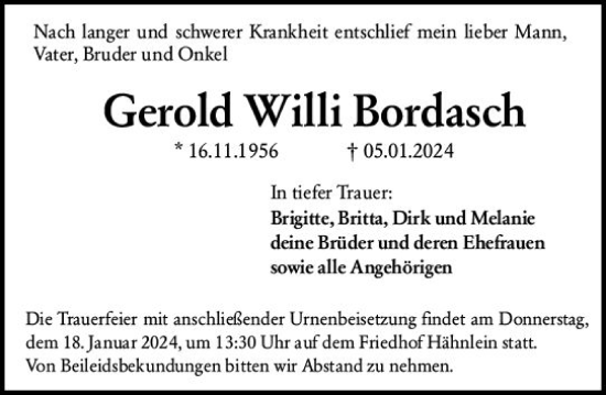 Traueranzeige von Gerold Willi Bordasch von Darmstädter Echo