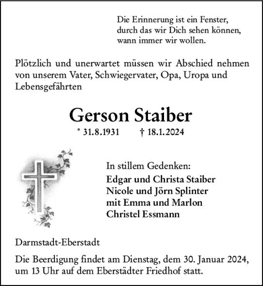  Traueranzeige für Gerson Staiber vom 27.01.2024 aus Darmstädter Echo