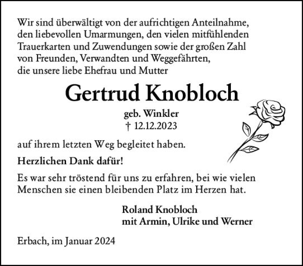  Traueranzeige für Gertrud Knobloch vom 13.01.2024 aus Rheingau Kurier