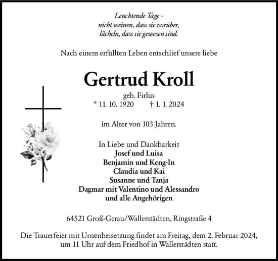 Traueranzeige von Gertrud Kroll von Groß-Gerauer Echo