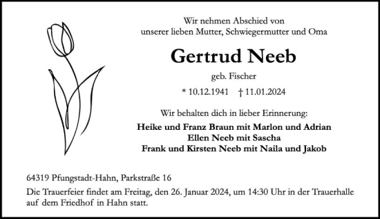Traueranzeige von Gertrud Neeb von Darmstädter Echo