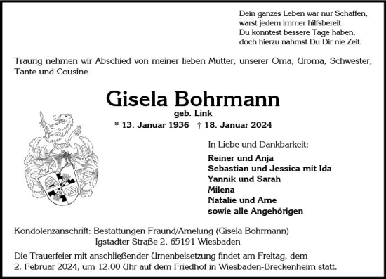 Traueranzeige von Gisela Bohrmann von Wiesbadener Kurier
