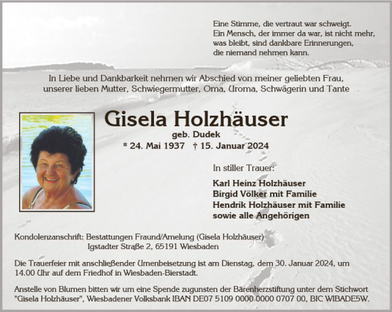 Traueranzeige von Gisela Holzhäuser von Wiesbadener Kurier