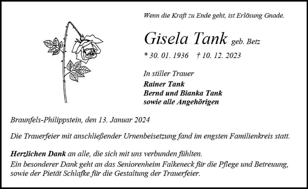  Traueranzeige für Gisela Tank vom 13.01.2024 aus Wetzlarer Neue Zeitung