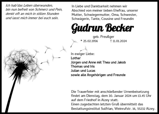 Traueranzeige von Gudrun Becker von Allgemeine Zeitung Alzey