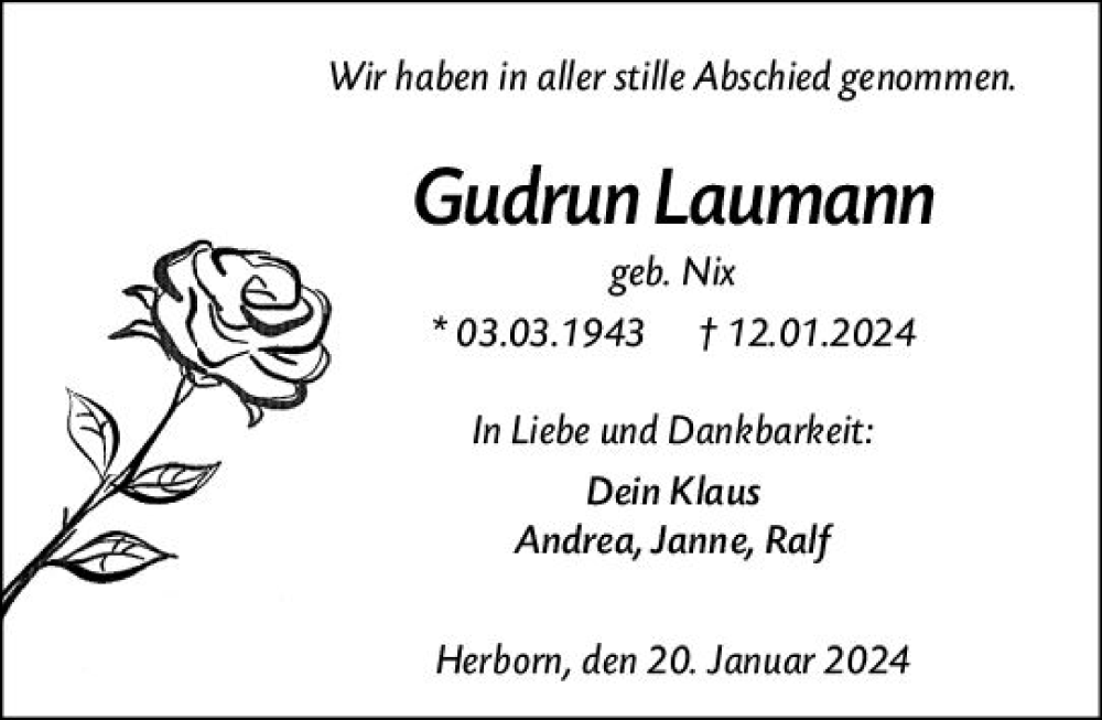  Traueranzeige für Gudrun Laumann vom 20.01.2024 aus Dill Block
