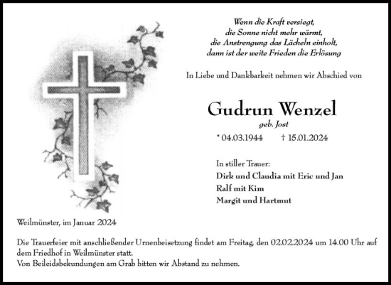Traueranzeige von Gudrun Wenzel von Weilburger Tageblatt