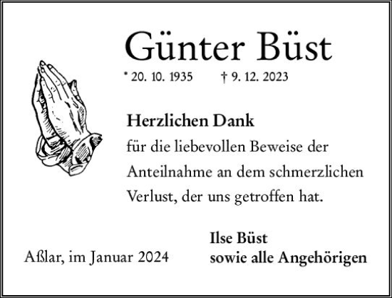 Traueranzeige von Günter Büst von Wetzlarer Neue Zeitung