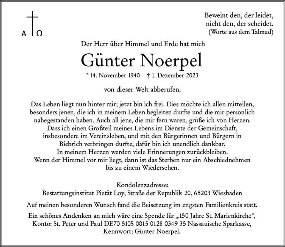  Traueranzeige für Günter Noerpel vom 06.01.2024 aus Wiesbadener Kurier