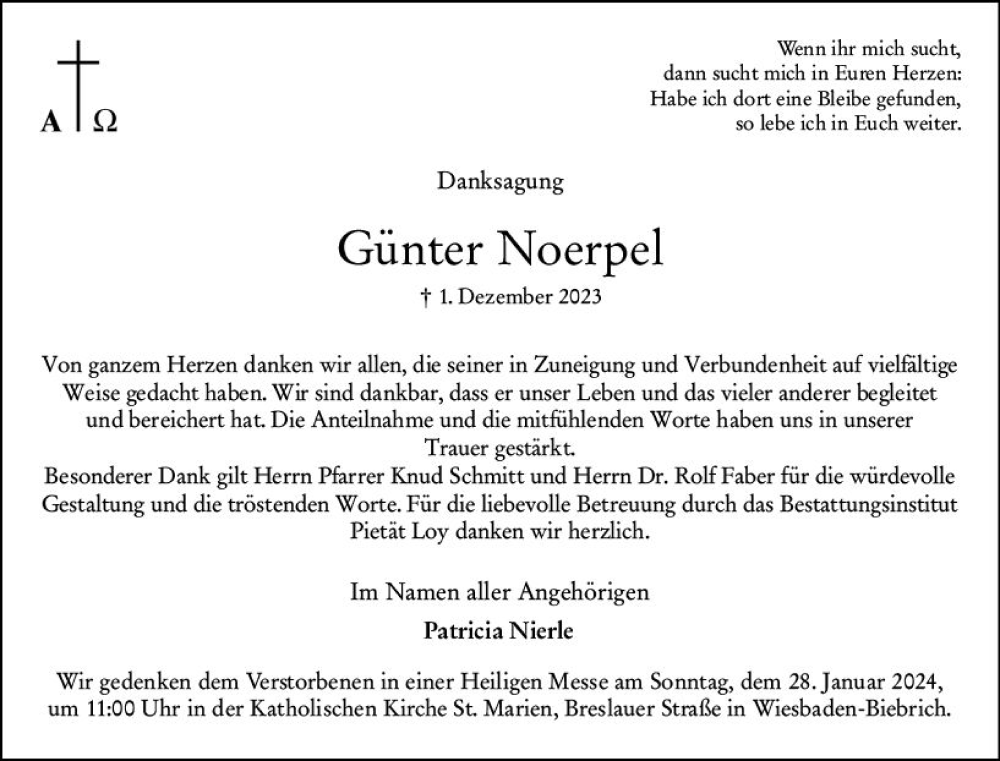  Traueranzeige für Günter Noerpel vom 27.01.2024 aus Wiesbadener Kurier