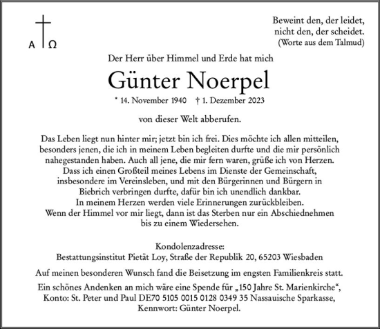 Traueranzeige von Günter Noerpel von Wiesbadener Kurier