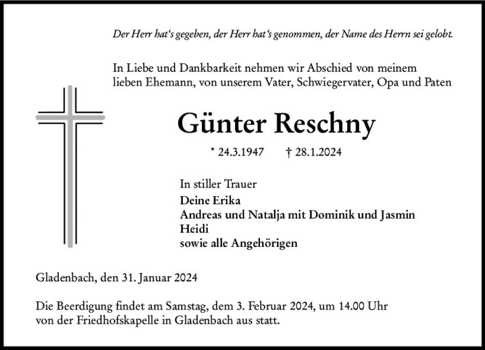  Traueranzeige für Günter Reschny vom 31.01.2024 aus Hinterländer Anzeiger