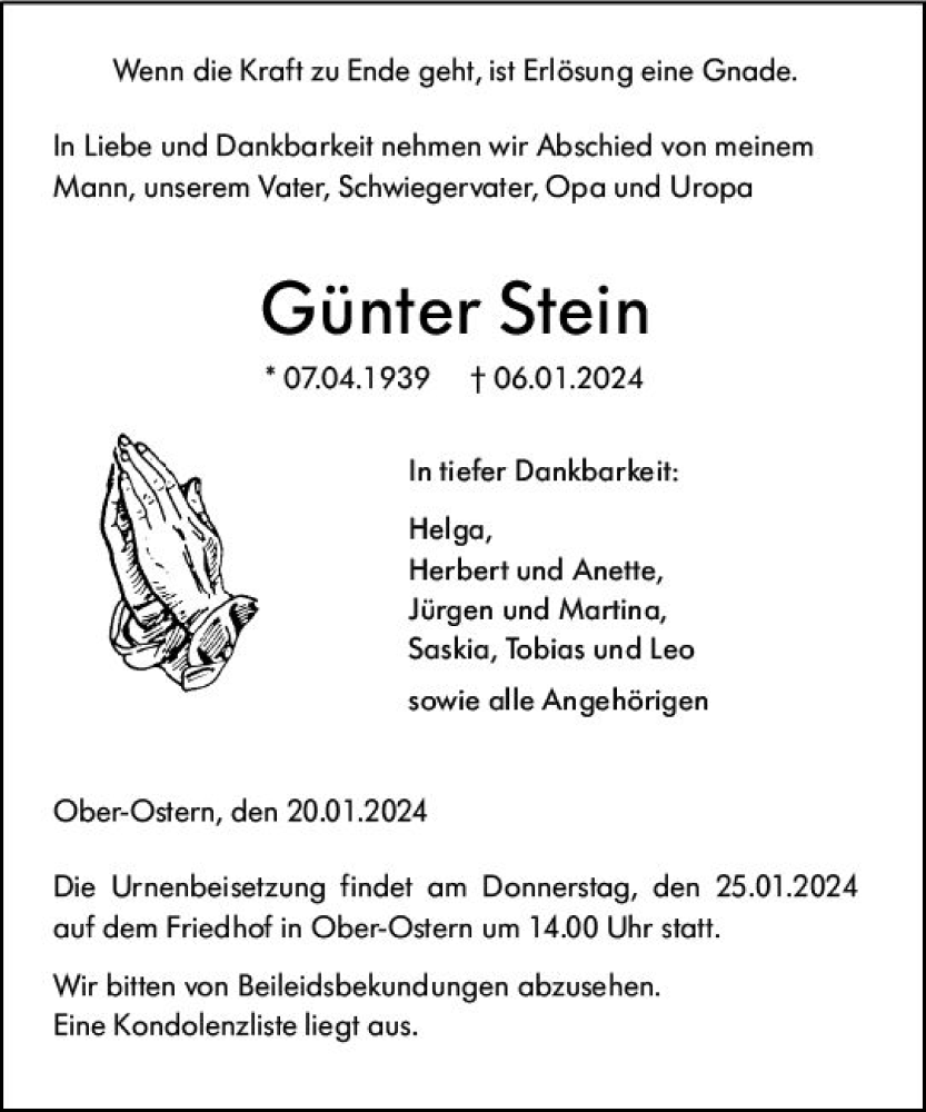  Traueranzeige für Günter Stein vom 20.01.2024 aus Odenwälder Echo