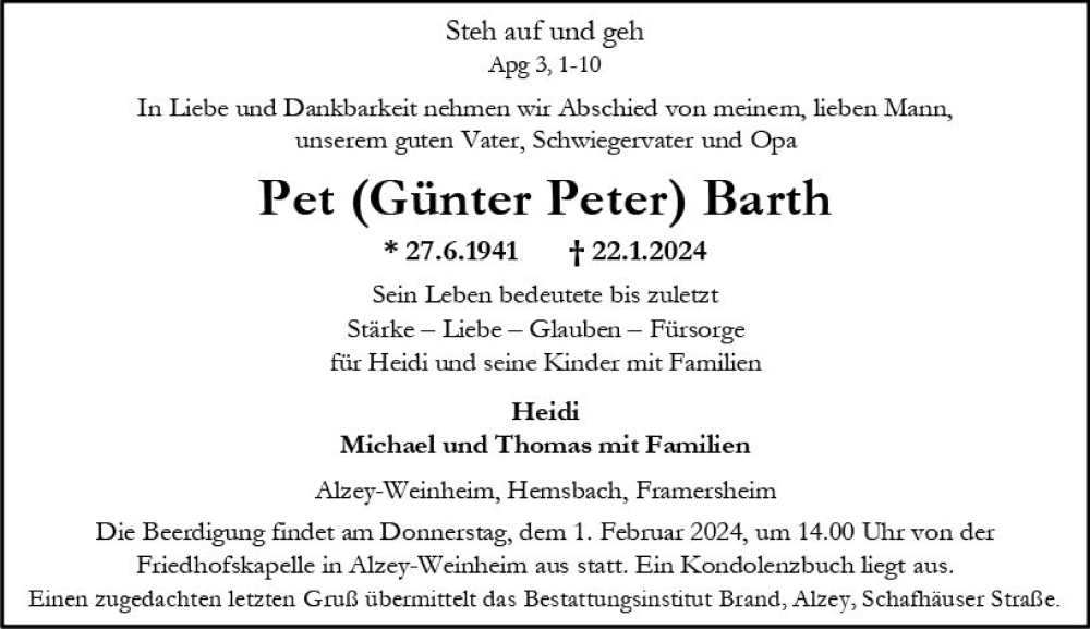  Traueranzeige für Günter Peter Barth vom 27.01.2024 aus Allgemeine Zeitung Alzey