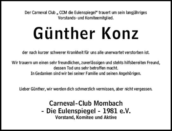 Traueranzeige von Günther Konz von Allgemeine Zeitung Mainz