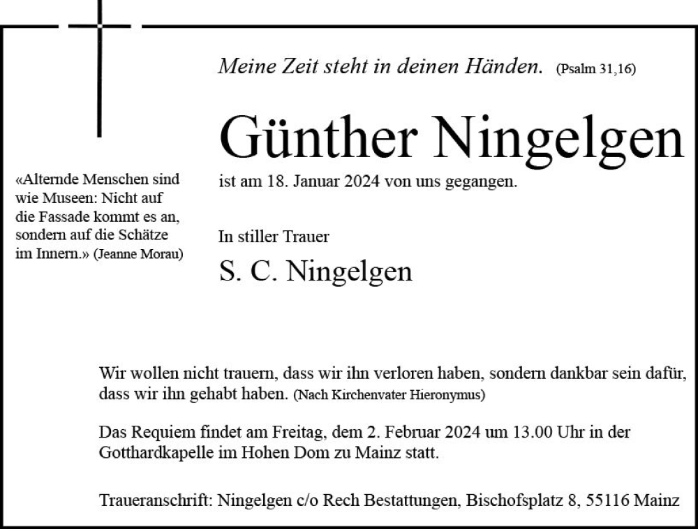  Traueranzeige für Günther Ningelgen vom 27.01.2024 aus Allgemeine Zeitung Mainz