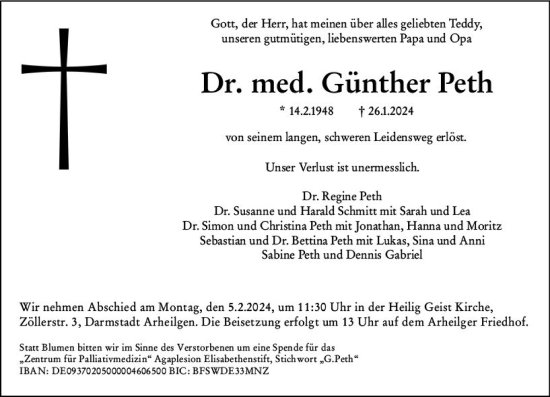 Traueranzeige von Günther Peth von Darmstädter Echo