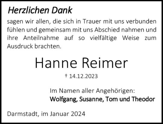 Traueranzeige von Hanne Reimer von Darmstädter Echo
