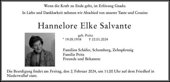 Traueranzeige von Hannelore Elke Salvante von Wiesbadener Kurier
