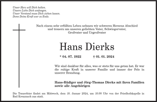 Traueranzeige von Hans Dierks von Allgemeine Zeitung Bad Kreuznach