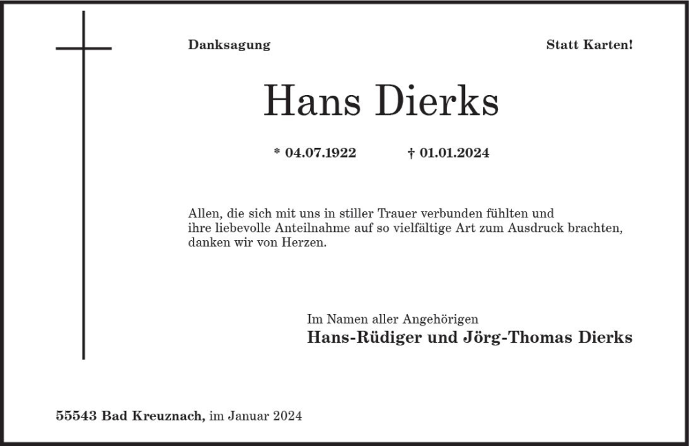  Traueranzeige für Hans Dierks vom 13.01.2024 aus Allgemeine Zeitung Bad Kreuznach