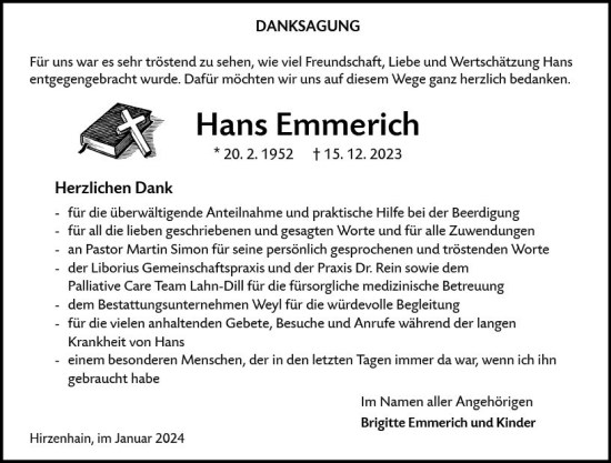 Traueranzeige von Hans Emmerich von Dill Block