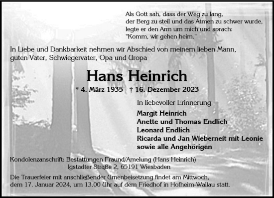 Traueranzeige von Hans Heinrich von Wiesbadener Kurier