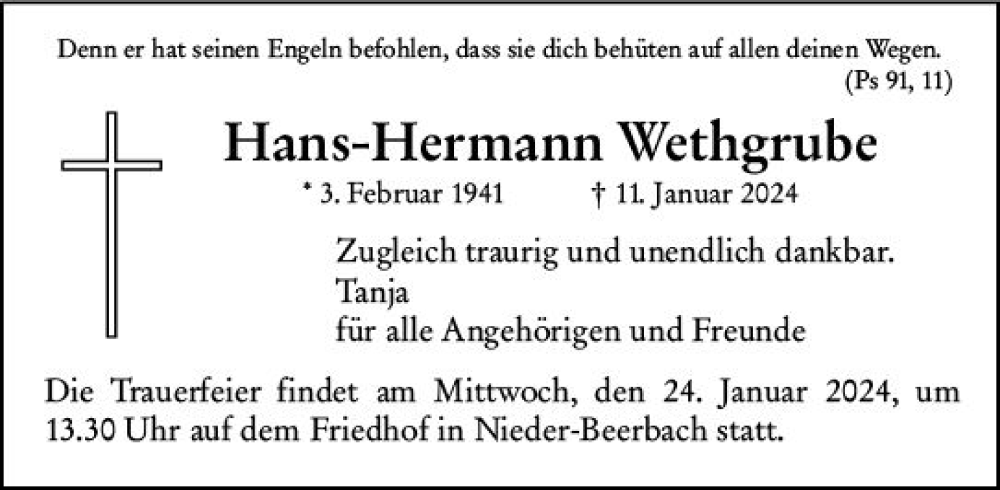  Traueranzeige für Hans-Hermann Wethgrube vom 20.01.2024 aus Darmstädter Echo
