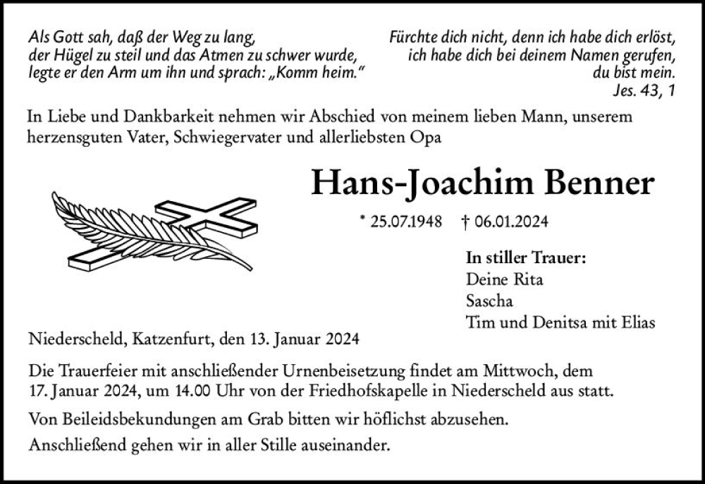  Traueranzeige für Hans-Joachim Benner vom 13.01.2024 aus Dill Block