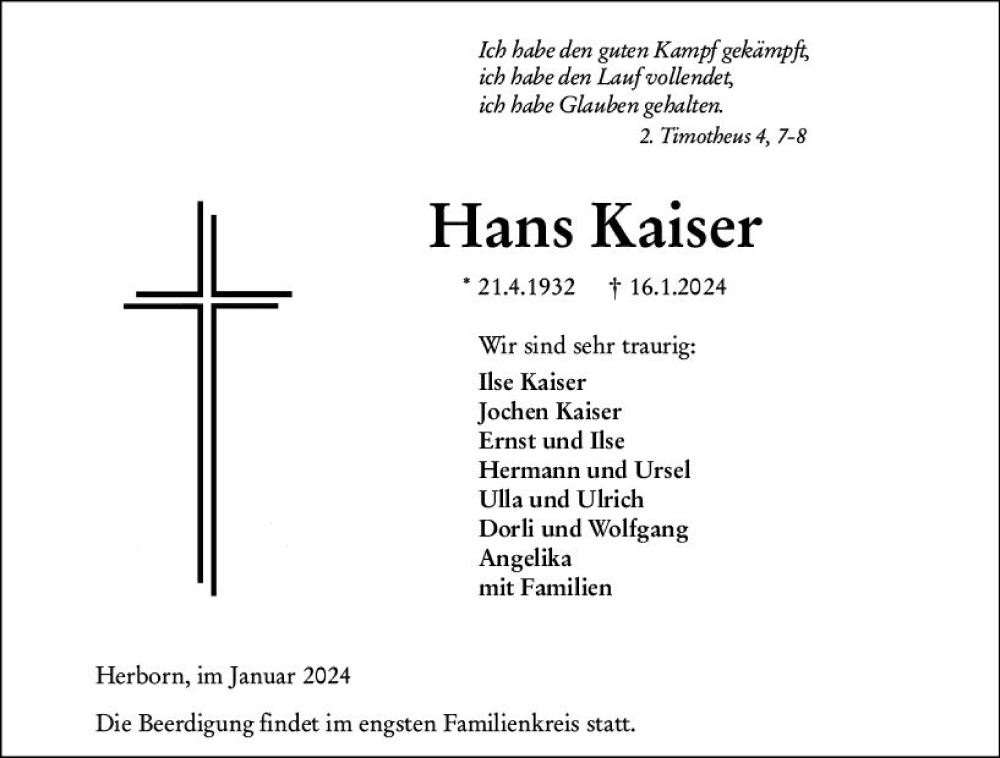  Traueranzeige für Hans Kaiser vom 23.01.2024 aus Dill Block