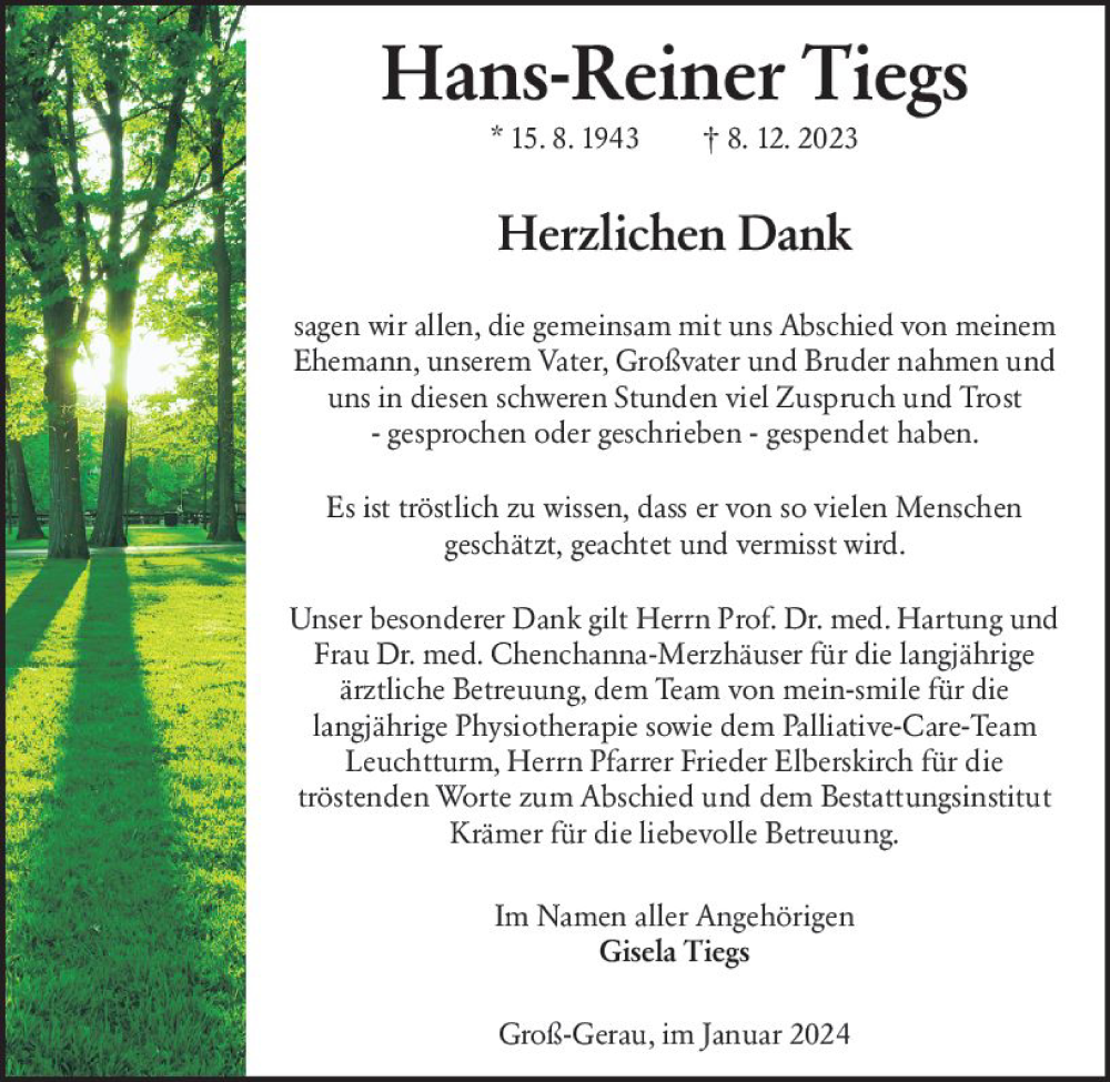  Traueranzeige für Hans-Reiner Tiegs vom 06.01.2024 aus Groß-Gerauer Echo