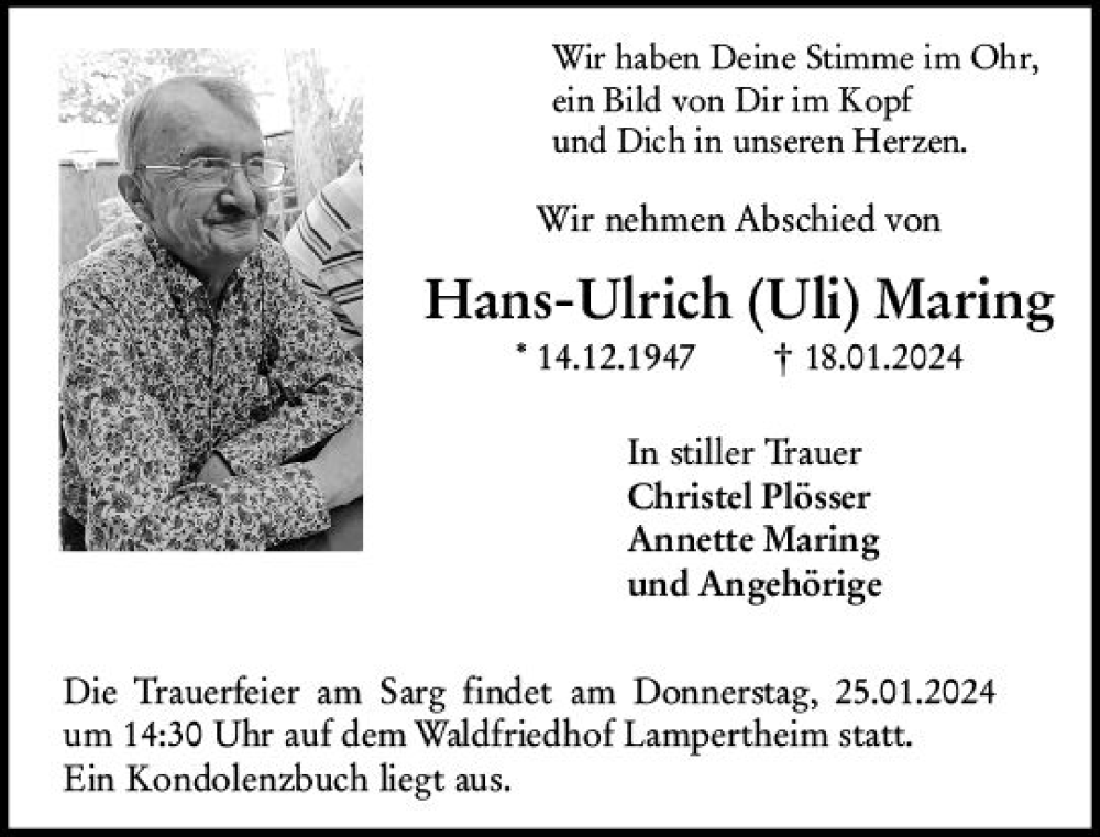  Traueranzeige für Hans-Ulrich  Maring vom 20.01.2024 aus Starkenburger Echo