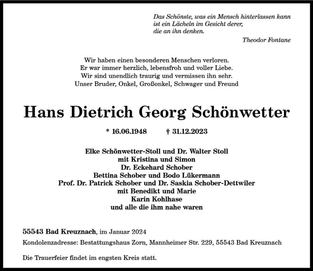  Traueranzeige für Hans Dietrich Georg Schönwetter vom 13.01.2024 aus Allgemeine Zeitung Bad Kreuznach