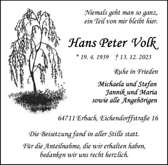 Traueranzeige von Hans Peter Volk von Odenwälder Echo