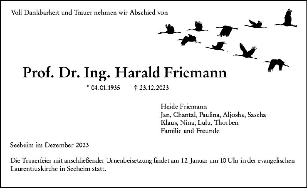  Traueranzeige für Harald Friemann vom 03.01.2024 aus Darmstädter Echo