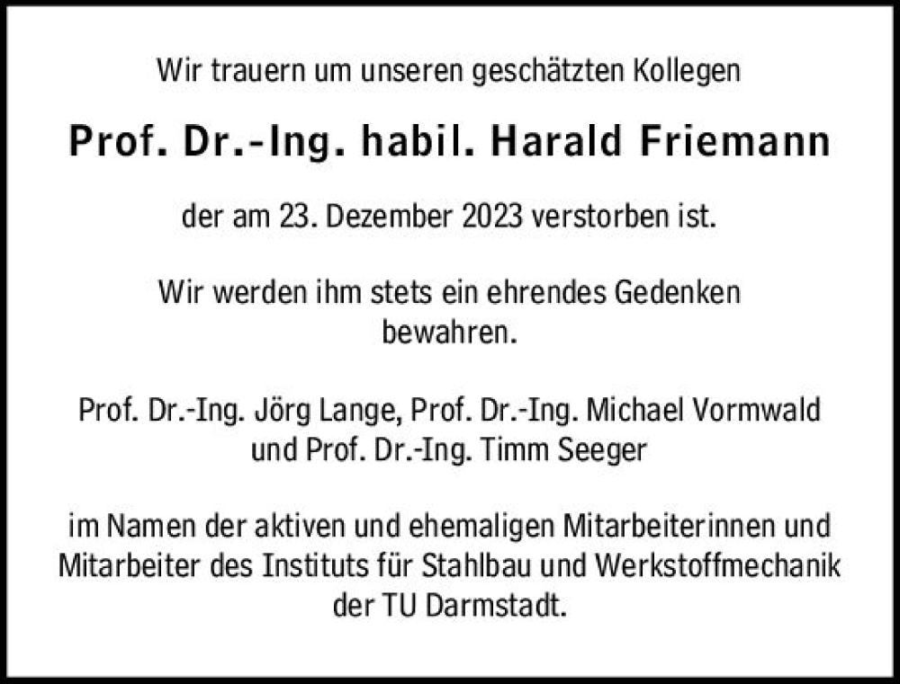  Traueranzeige für Harald Friemann vom 06.01.2024 aus Darmstädter Echo