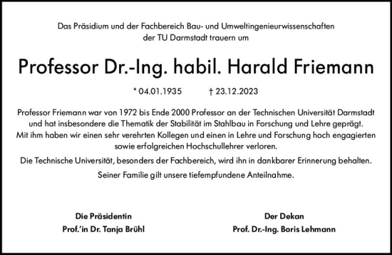 Traueranzeige von Harald Friemann von Darmstädter Echo