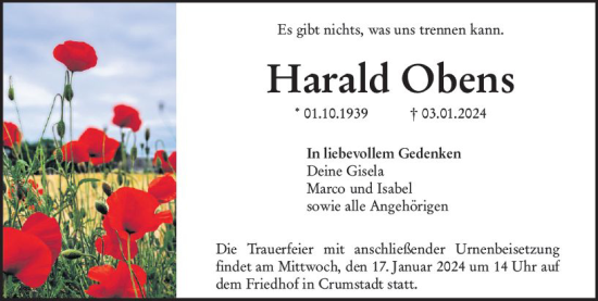 Traueranzeige von Harald Obens von Groß-Gerauer Echo