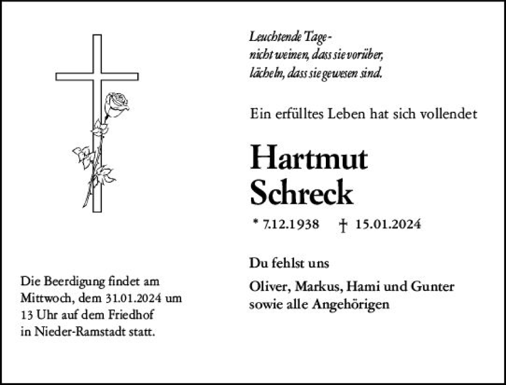  Traueranzeige für Hartmut Schreck vom 27.01.2024 aus Darmstädter Echo