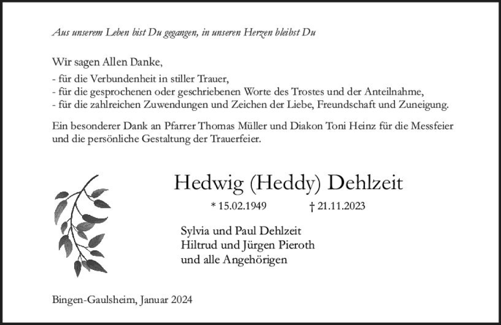  Traueranzeige für Hedwig Dehlzeit vom 13.01.2024 aus Binger-/Ingelheimer Wochenblatt