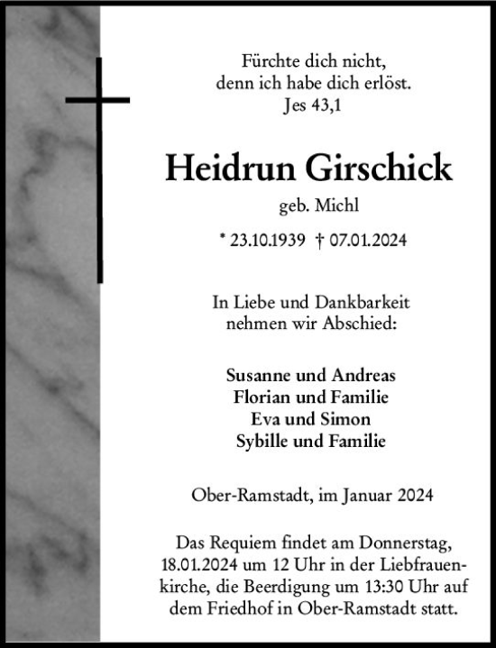 Traueranzeige von Heidrun Girschick von Darmstädter Echo