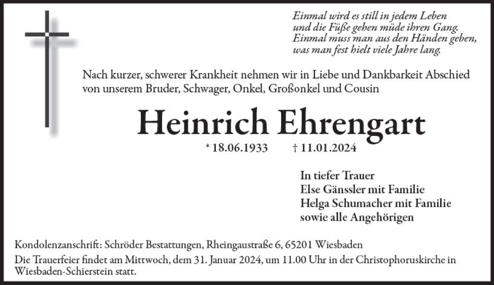  Traueranzeige für Heinrich Ehrengart vom 27.01.2024 aus Wiesbadener Kurier