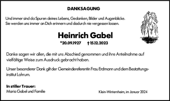 Traueranzeige von Heinrich Gabel von Allgemeine Zeitung Mainz