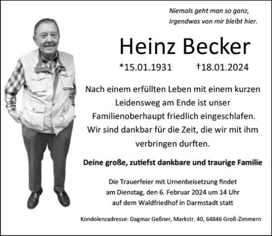 Traueranzeige von Heinz Becker von Darmstädter Echo