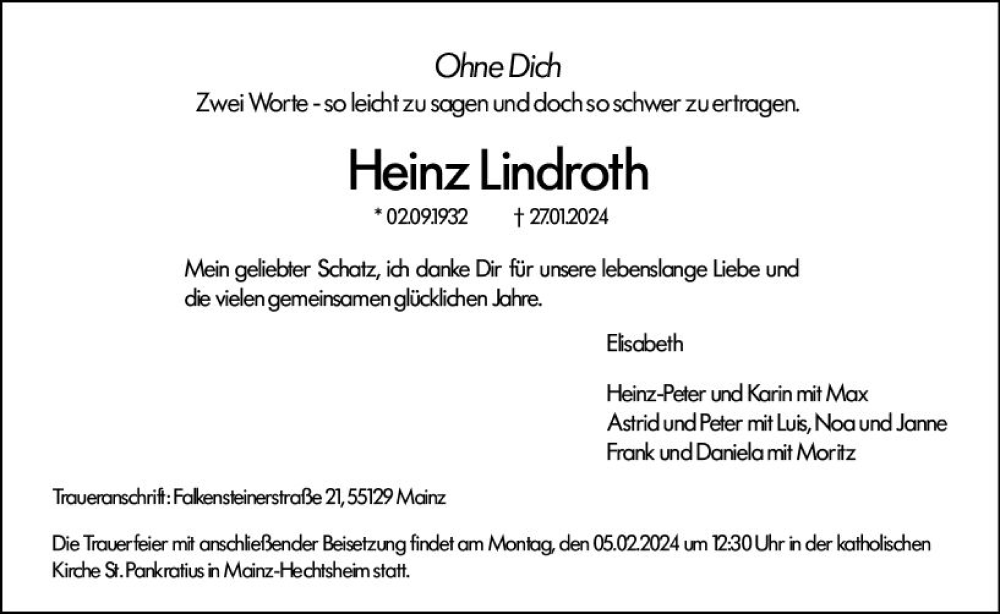  Traueranzeige für Heinz Lindroth vom 31.01.2024 aus Allgemeine Zeitung Mainz