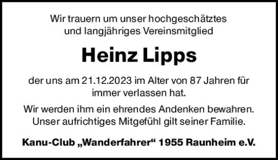 Traueranzeige von Heinz Lipps von Rüsselsheimer Echo