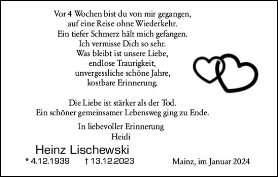 Traueranzeige von Heinz Lischewski von Allgemeine Zeitung Mainz