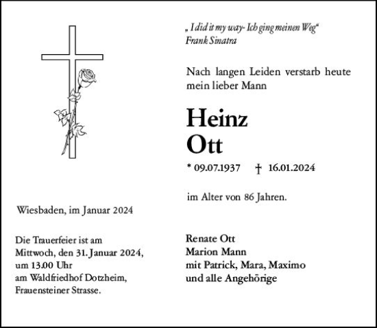 Traueranzeige von Heinz Ott von Wiesbadener Kurier