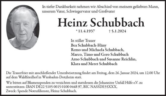 Traueranzeige von Heinz Schubbach von Wiesbadener Kurier
